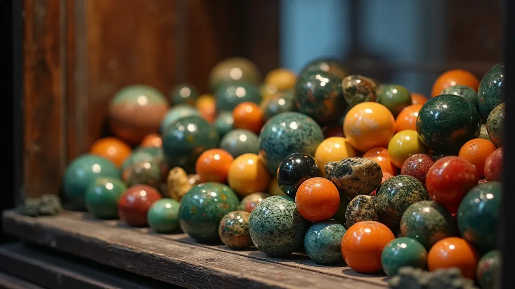 An antique display cabinet filled with various vintage marbles of different sizes and colours.