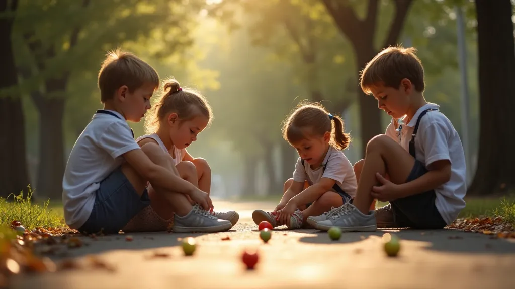 Children playing a game of marbles on a sidewalk.
