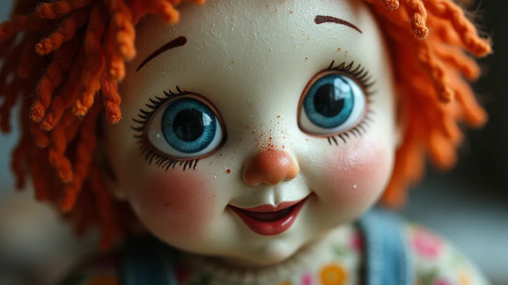 Close-up detail showing the texture of a Raggedy Ann clay marble and the imperfections in the paint