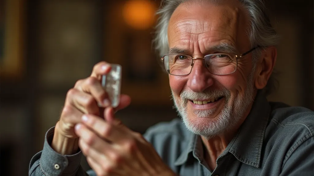 Older man holding a sulphide marble, with a nostalgic expression.