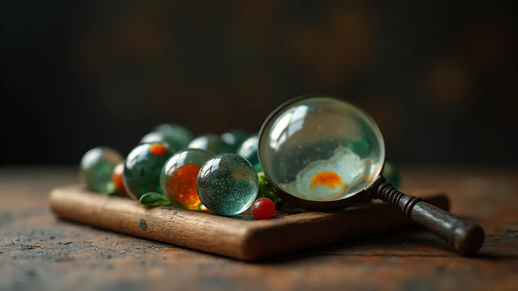 Antique marbles arranged in a wooden box with a magnifying glass