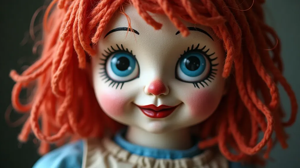 Close-up of a Raggedy Ann clay marble showing the hand-painted face