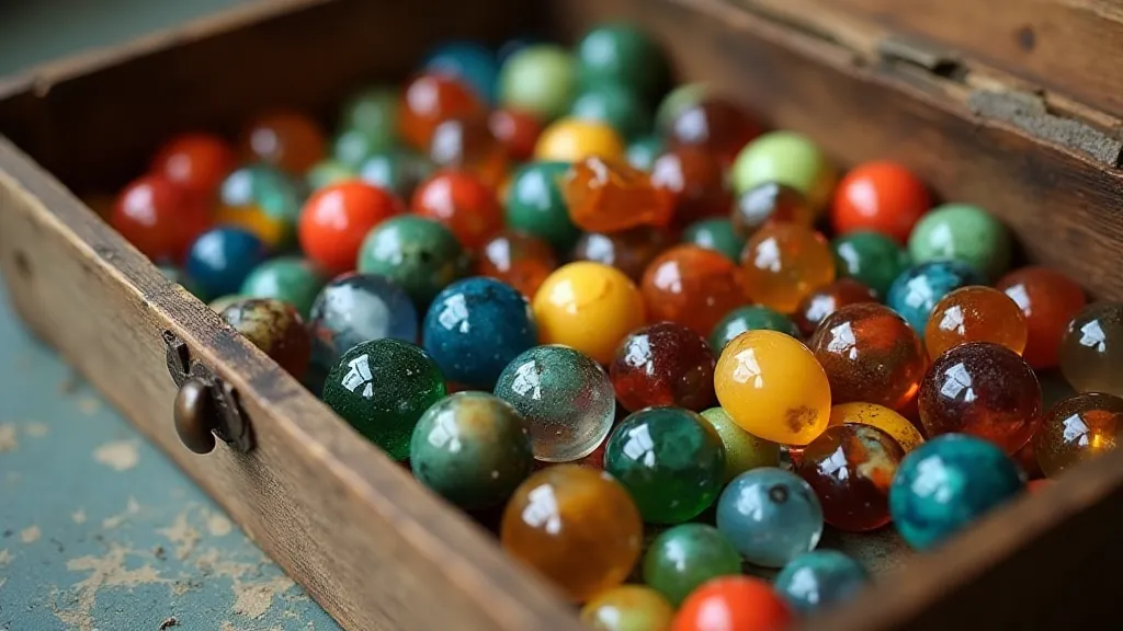 Vintage marbles arranged in a wooden box, showing colors and patterns.