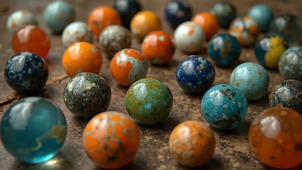 A close-up view of a diverse collection of vintage marbles displayed on a velvet cloth.