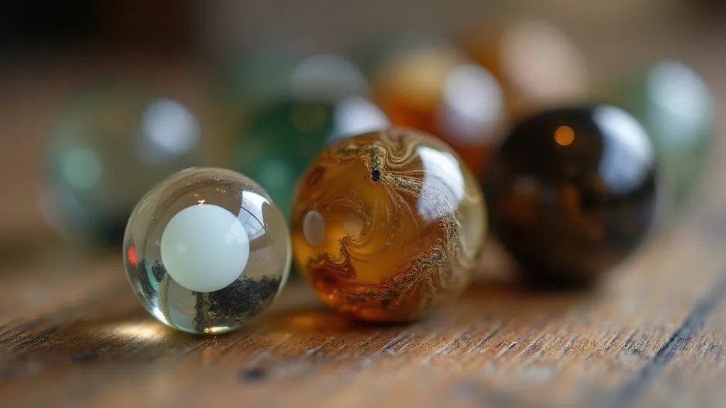 Vintage glass marbles on a wooden table